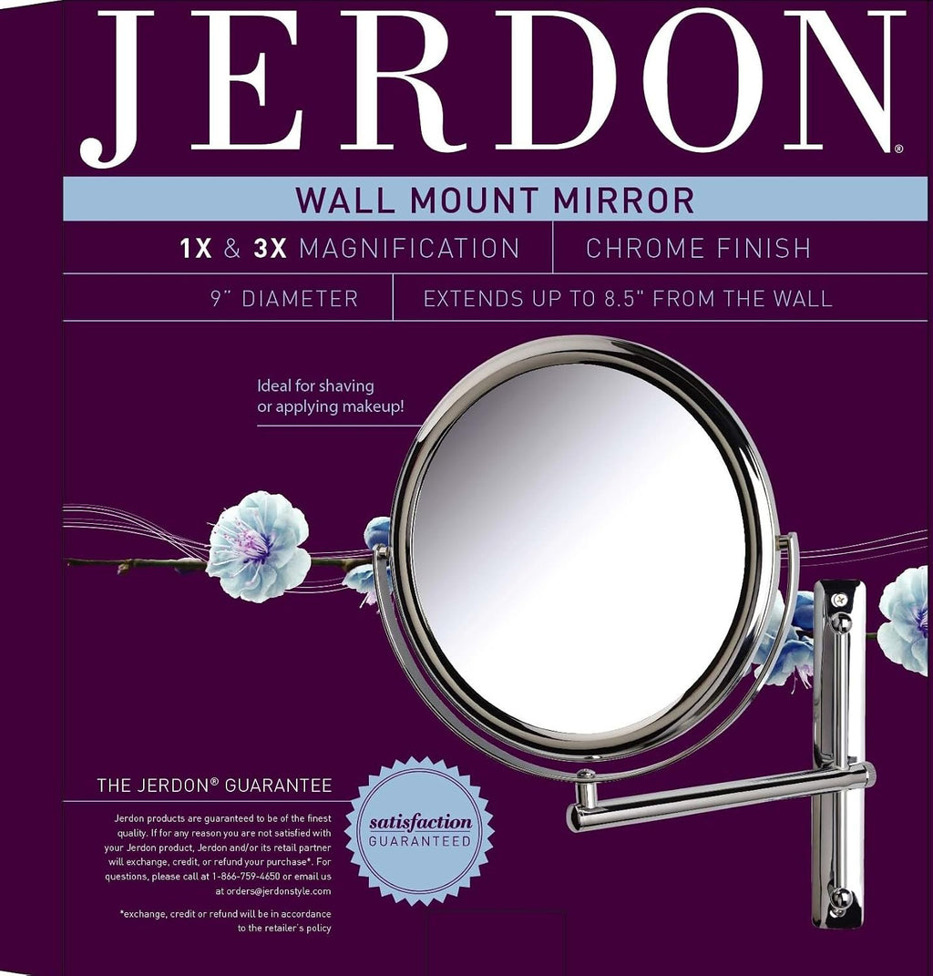 JERDON Espejo de maquillaje de pared de dos caras con aumento 3X-1X - Espejo de 9 pulgadas de diámetro se extiende 9 pulgadas - Acabado cromado pulido - Modelo JP3030CF