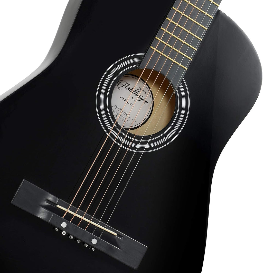 Ashthorpe Guitarra acústica para principiantes de 38 pulgadas (negra), kit de inicio con bolsa de concierto, cuerdas adicionales, correa, púas y lecciones