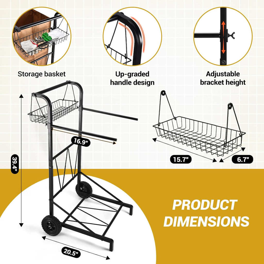 Carrito de bolsa de basura mejorado con cesta de almacenamiento y mango ergonómico, soporte ajustable para bolsas de hojas para exteriores de 30 a 45 galones de capacidad, ideal para limpieza de