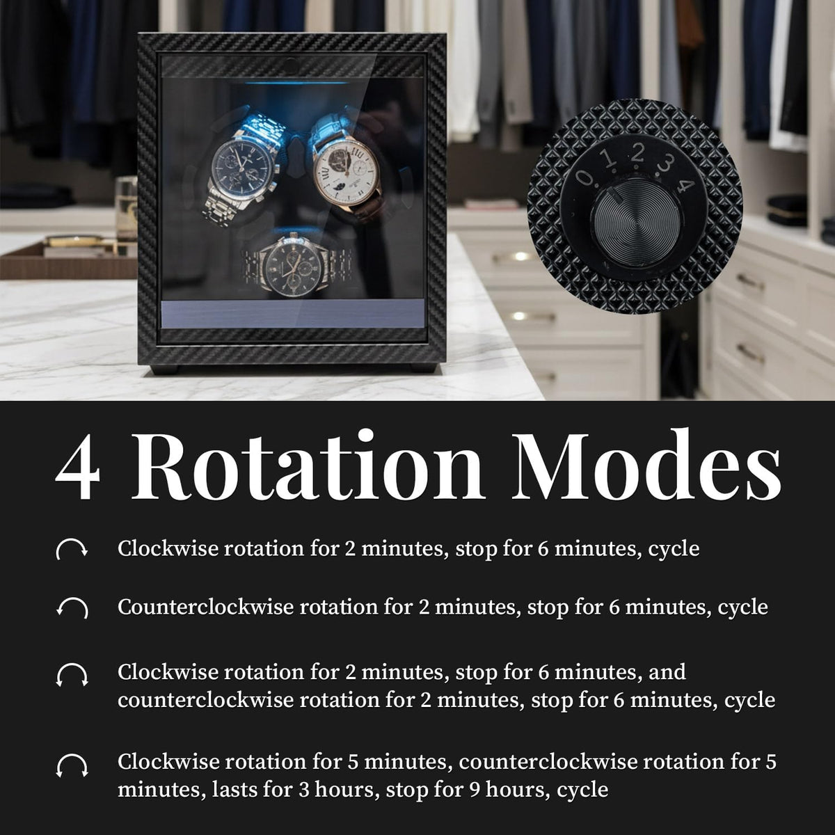 Mcbazel Enrollador de reloj para relojes automáticos, 4 modos de rotación con motor súper silencioso, luz LED azul, almohadas de espuma viscoelástica, regalo para hombres y mujeres [negro]