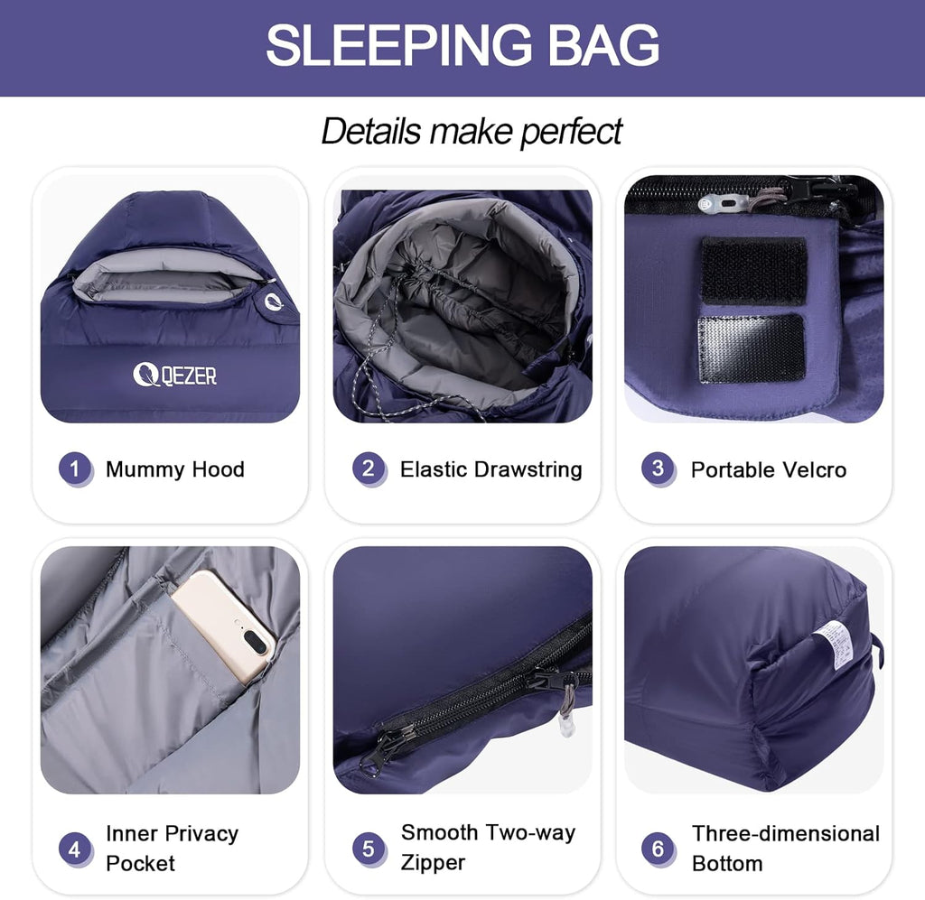 Mochila/Almohada de dormir Down Mummy para adultos, 600 Fill Power para senderismo