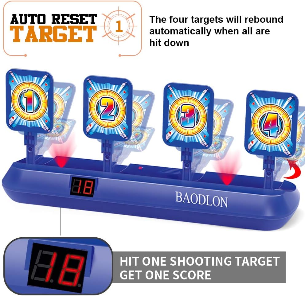 BAODLON Objetivos de disparo digitales con pistola de juguete de dardos de espuma, puntuación electrónica de reinicio automático de 4 objetivos, juguetes de juego de disparos, regalos para niños de 5