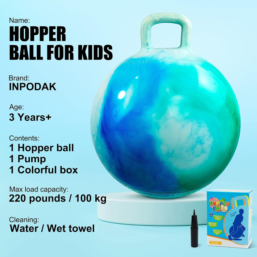 INPODAK Hopper Ball Bouncy Ball Bouncy Ball con asa para niños, hippity hop, para sentarse en saltar, pelota de rebote de 20 pulgadas para edades de 5 a 9 años con inflador, gran cumpleaños