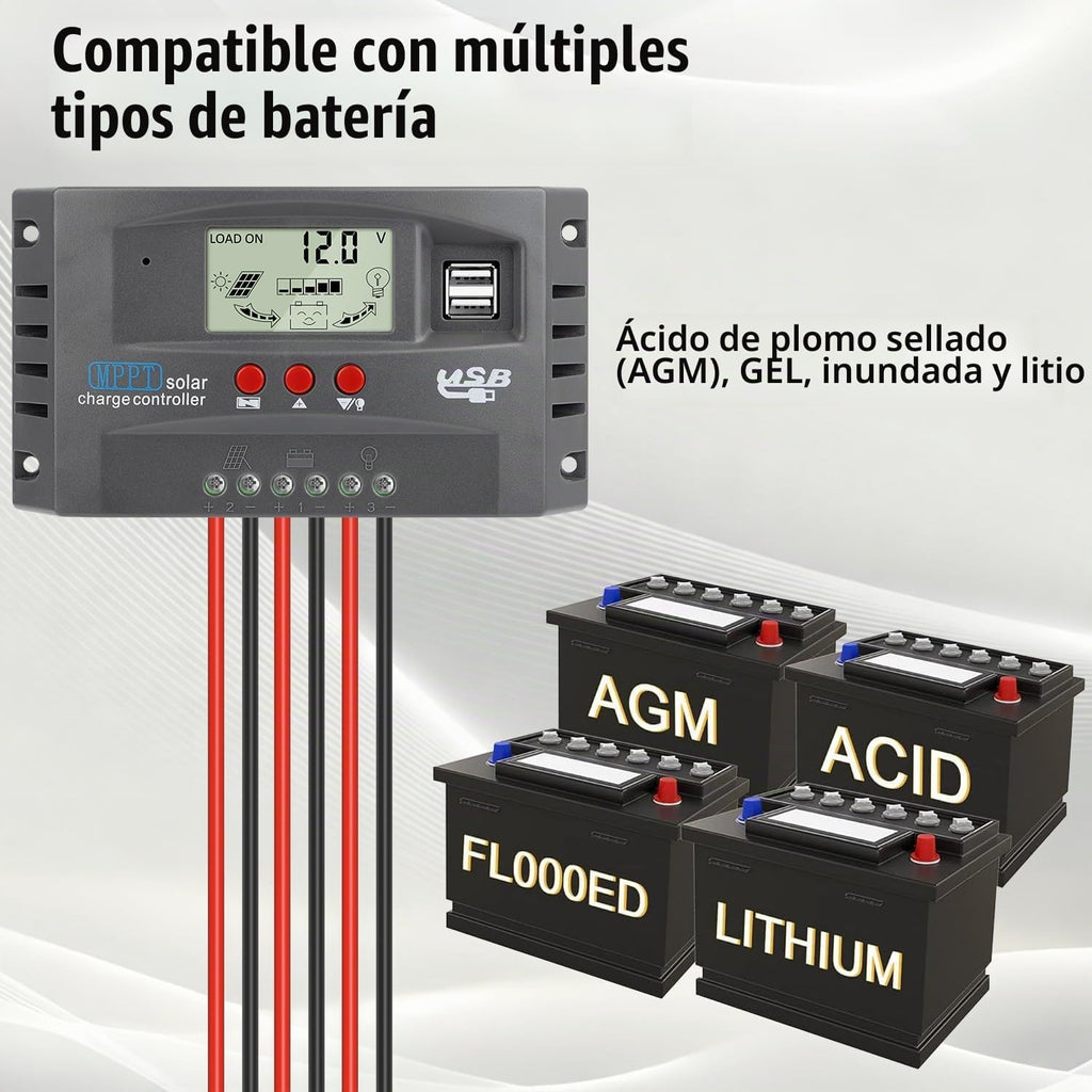 Controlador de carga de panel solar MPPT de 60 A, controlador de cargador de batería solar automático de 12 V/24 V con pantalla LCD, puerto USB dual y temporizador de ajuste de horas de
