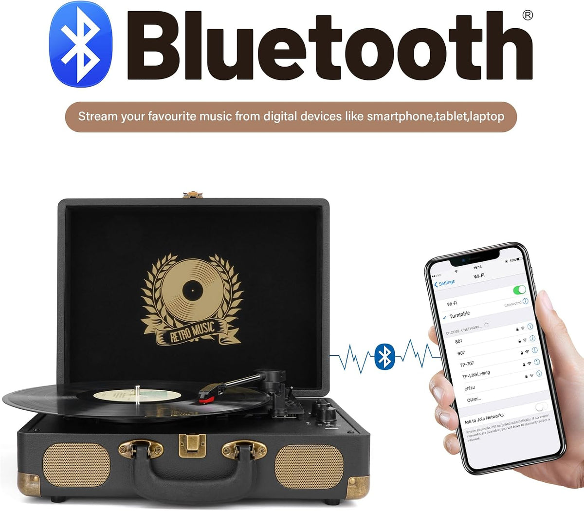Tocadiscos de vinilo Bluetooth de 3 velocidades portátil con altavoces integrados, salida de línea RCA auxiliar en conector de auriculares, tocadiscos vintage, color negro