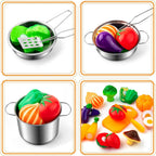 Tigerhu 26 accesorios de cocina de juguete, juguetes de cocina con utensilios de cocina de acero inoxidable, delantal y sombrero de chef, juego de ollas y sartenes, alimentos para cortar, grandes