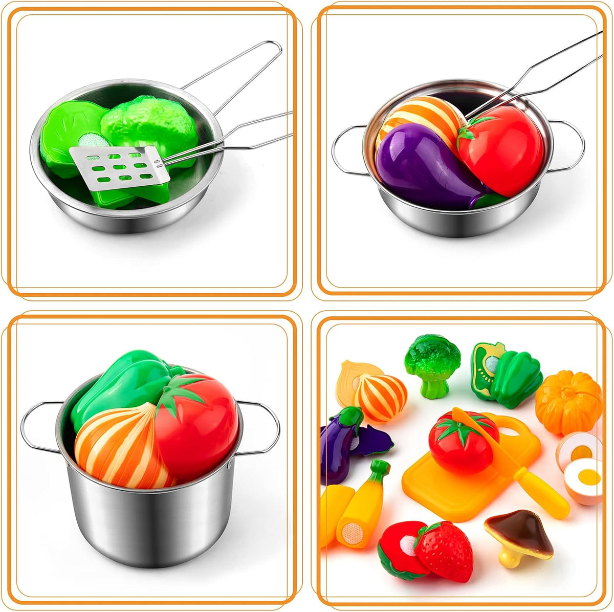 Tigerhu 26 accesorios de cocina de juguete, juguetes de cocina con utensilios de cocina de acero inoxidable, delantal y sombrero de chef, juego de ollas y sartenes, alimentos para cortar, grandes