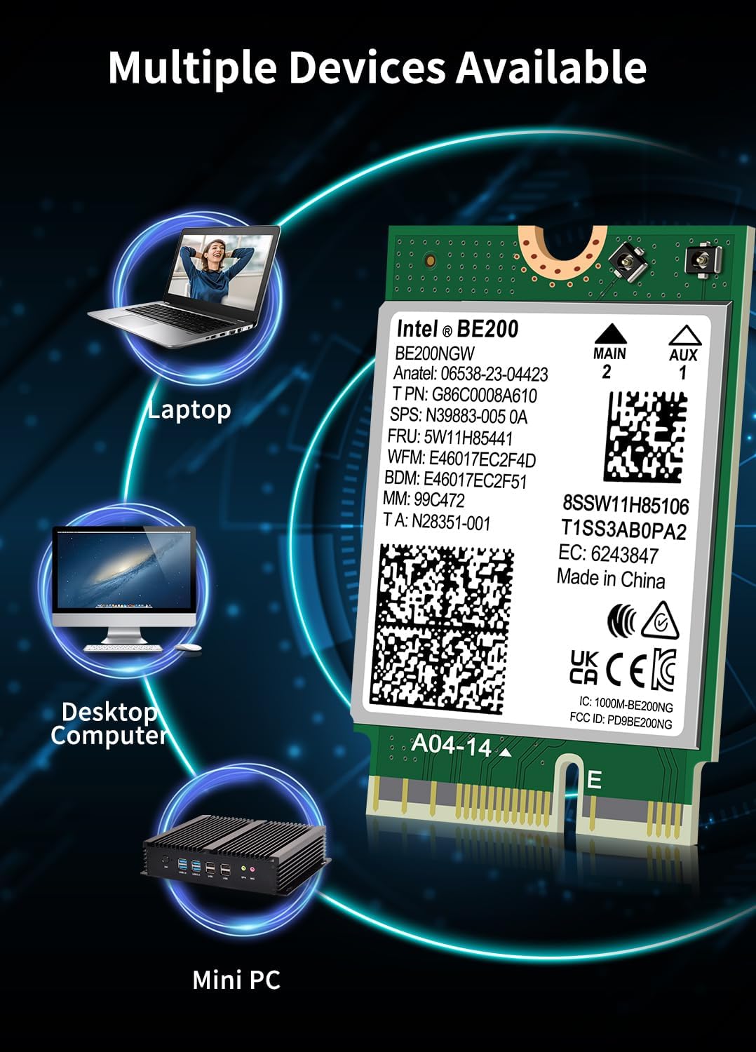 Tarjeta WiFi 7 Intel BE200 NGW, Bluetooth 5.4, 5800Mbps M.2\/NGFF,...