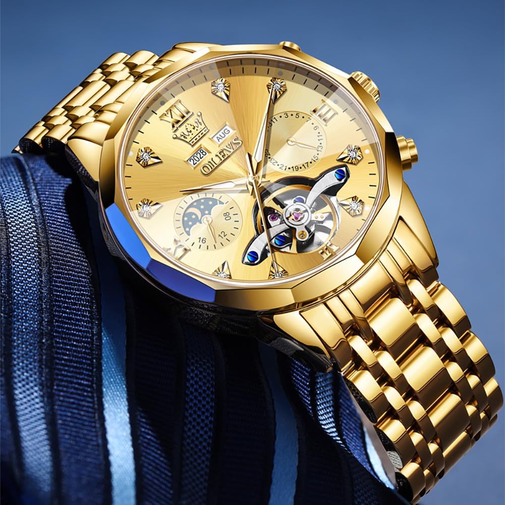 OLEVS Relojes de Hombre Esqueleto Automático Lujo de Negocios Diamante Autoentregado (Self Winding) Reloj de Pulsera de Acero Inoxidable con Calendario