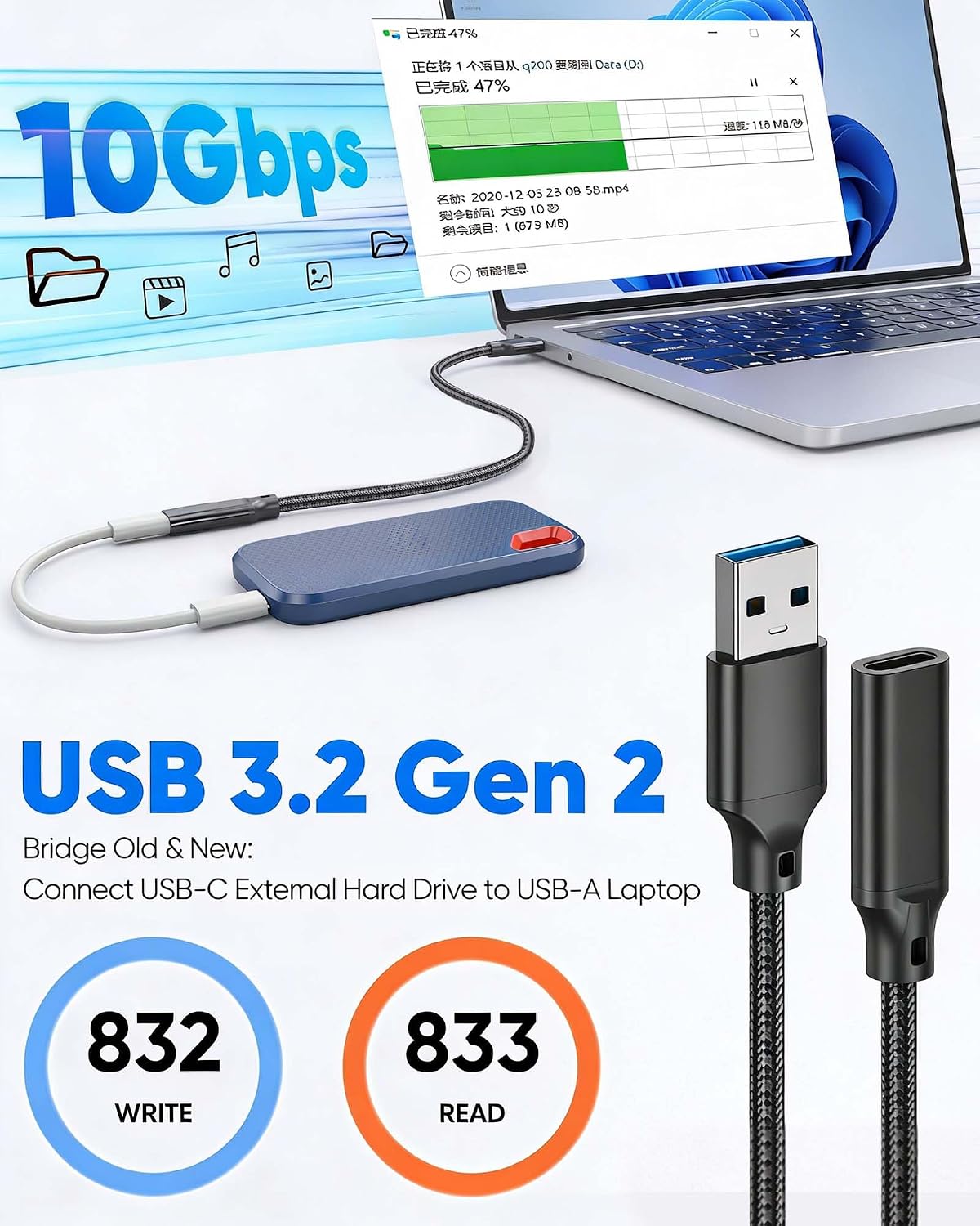 Adaptador USB-C hembra a USB-A macho, kit de 10 piezas, 10 Gbps y 60 W de carga