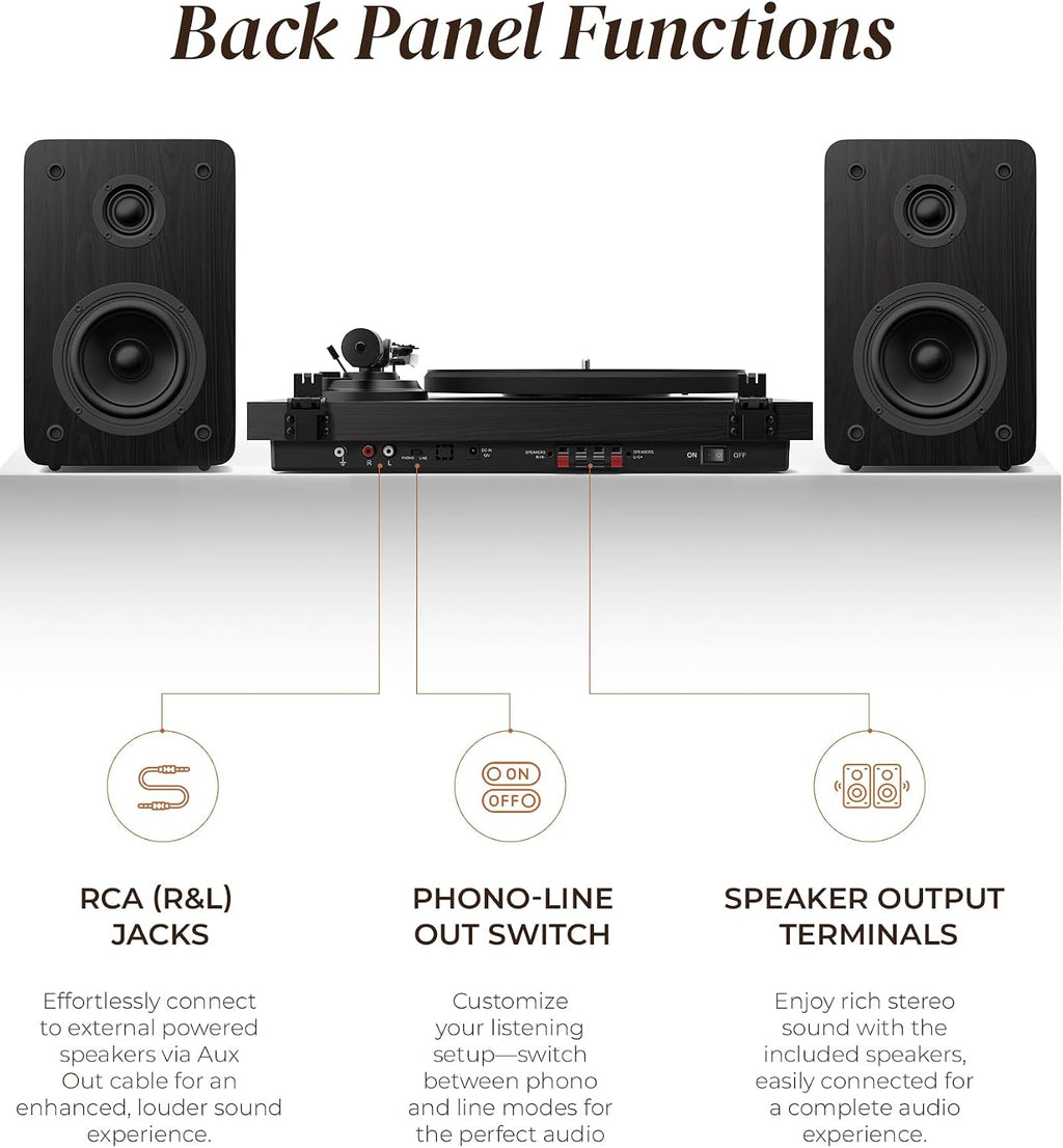 SoulBox S1 Reproductor de Discos de Vinilo con Altavoces Estéreo, Tocadiscos con Preamplificador Integrado, Brazo en Forma de S, 33/45 RPM - Negro