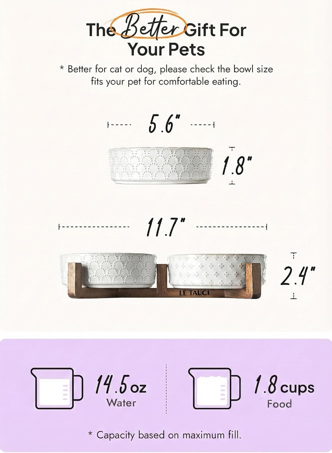 LE TAUCI - Juego de cuencos para perros con soporte de madera de acacia, cuencos de cerámica para cachorros de 1.8 tazas para perros pequeños, cuencos dobles para alimentos y agua con base