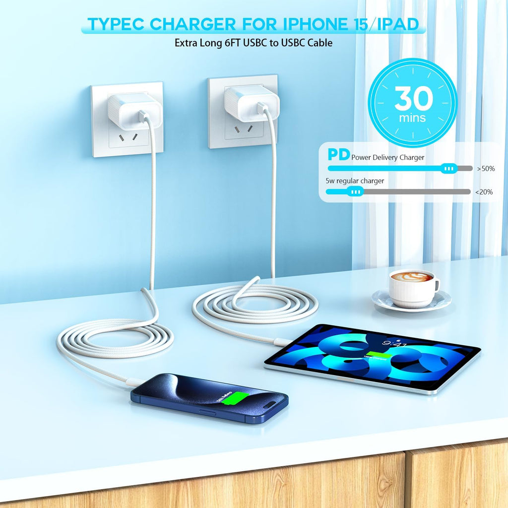 Cargador rápido para iPhone 18 17 16 15, paquete de 3 unidades USB C iPad carga PD bloque de carga rápida 6 pies de largo USBC a tipo C i cable de carga de teléfono para iPhone Duo/18 Pro/17 Air/Pro