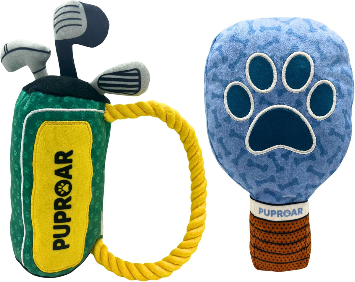 PUPROAR Colección Country Club - Paquete de regalo para perros, juguete de golf para perros y juguete de pickleball para perros con juguete chirriante, divertido y papel arrugado, juguetes divertidos