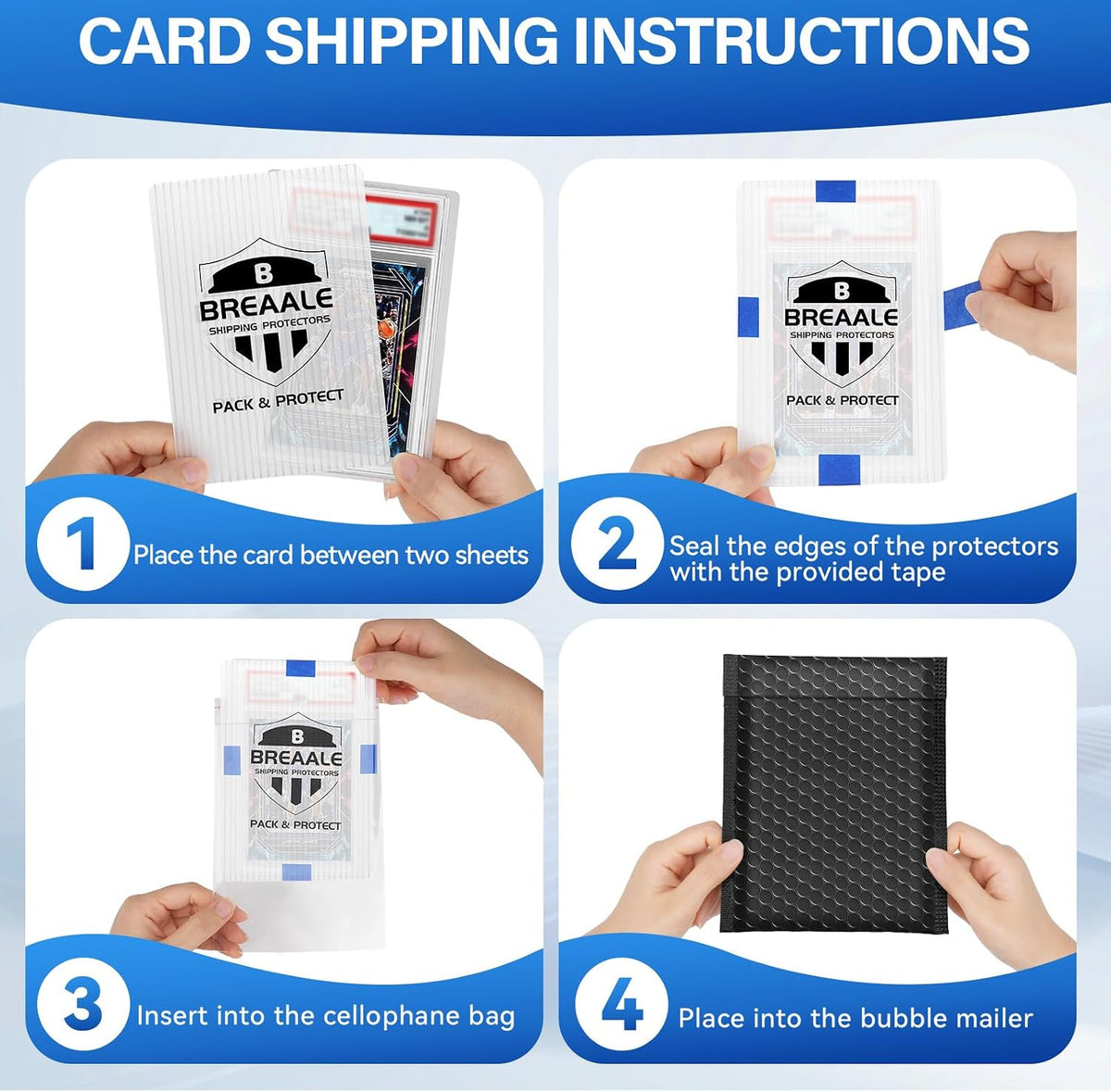 Kit de envío de tarjetas coleccionables, incluye 100 protectores de envío de tarjetas graduadas de 4 x 6 pulgadas, 50 sobres de burbujas de 6 x 8.7 pulgadas, cinta de pintor de 65.6 ft, 50