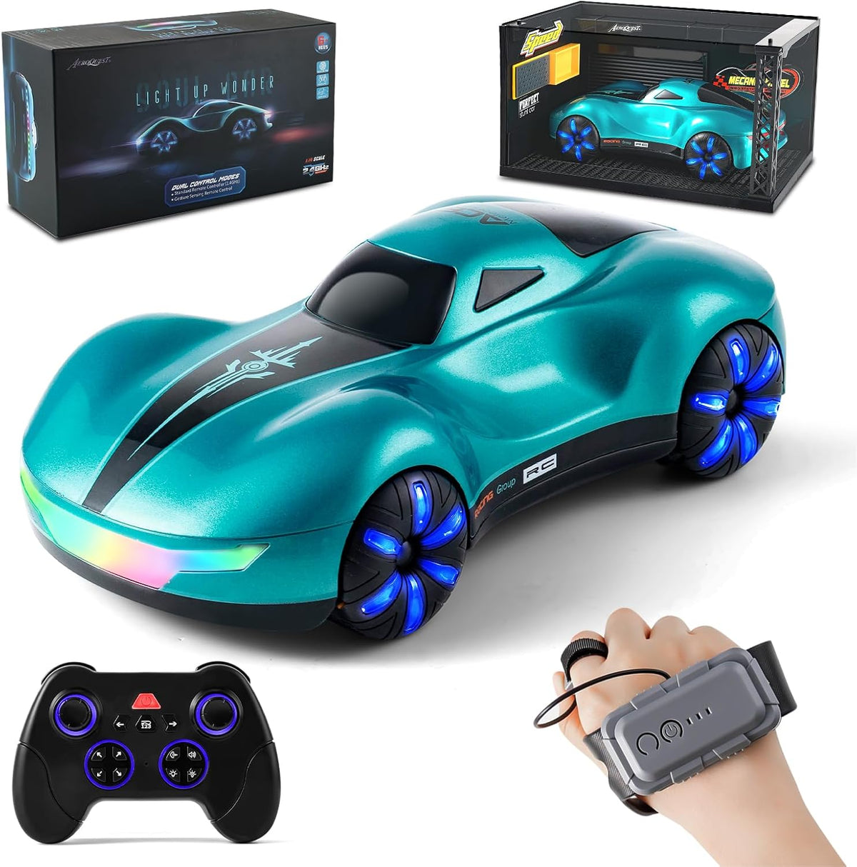 Coche de Control Remoto con Detección de Gestos con Garaje Cubierta Antipolvo con Pantalla, Coches de Acrobacias RC de Deriva Recargables USB-C con Luz LED|Rociador|Sonido 2.4GHz Juguete para Niños