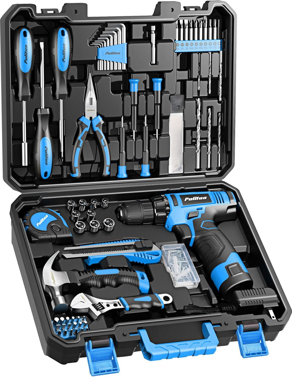 PULITUO Juego de herramientas, juego de 149 piezas de taladro inalámbrico azul de 12 V, caja de herramientas, kits de herramientas manuales para mujeres y hombres y entusiastas del bricolaje, para