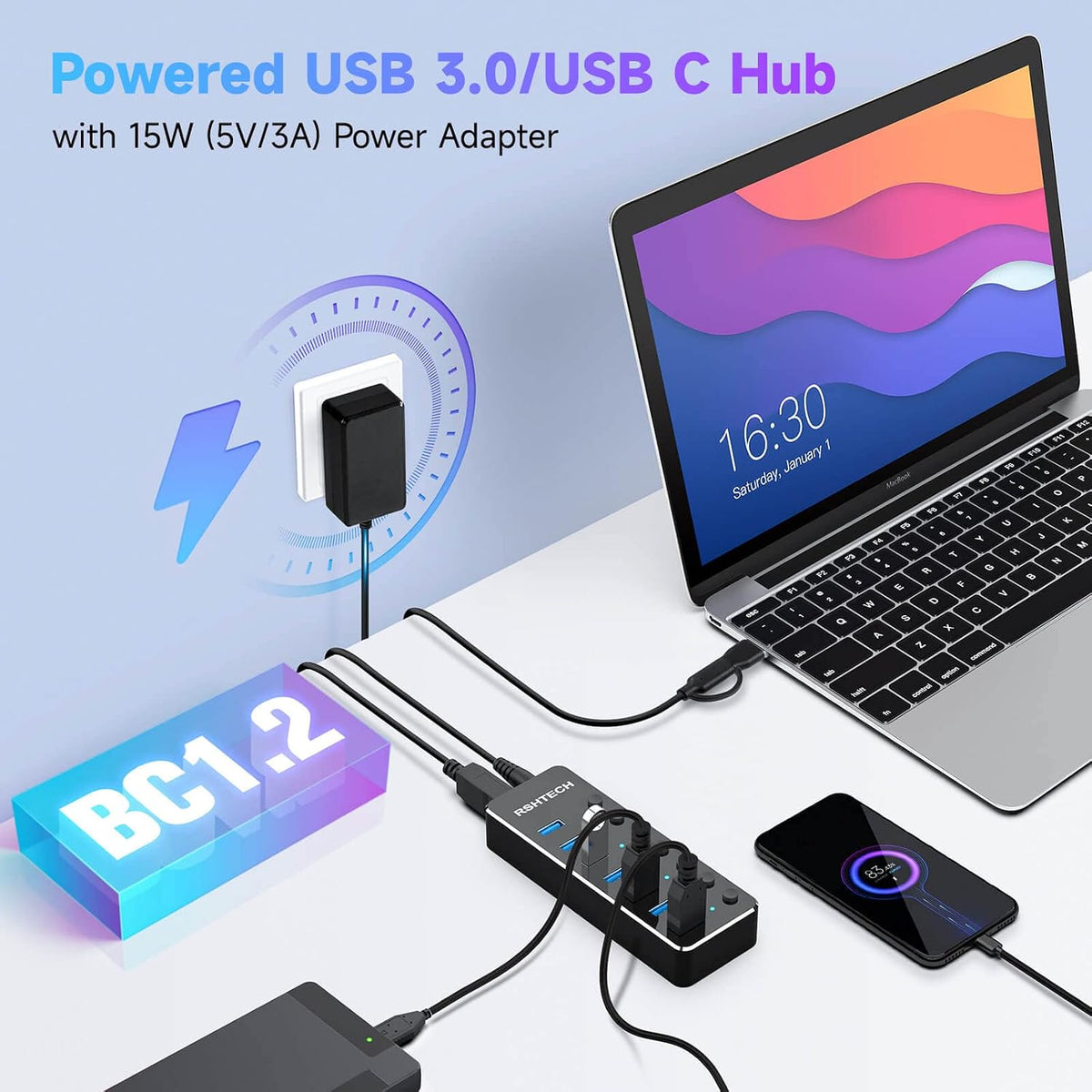 RSHTECH, RSH-ST07, hub USB 3.0 de 7 puertos, alimentado, adaptador 5V/3A