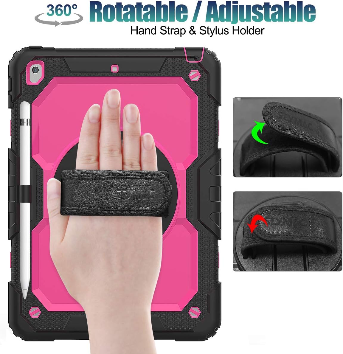 SEYMAC stock Funda para iPad de 9ª/8ª/7ª generación de 10.2", a prueba de golpes con protector de pantalla, soporte para lápiz [correa de mano giratoria de 360°] y soporte, para iPad de 10.2 pulgadas