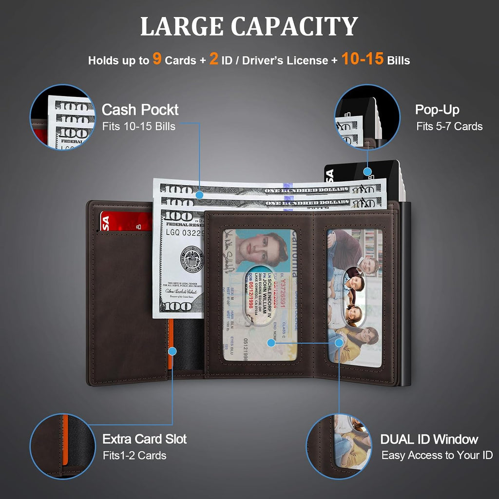 Cartera minimalista para hombres, cartera de cuero de grano completo con bloqueo RFID con 2 ventanas de identificación, billetera plegable triple para tarjetas de crédito, cartera de 9 a 11