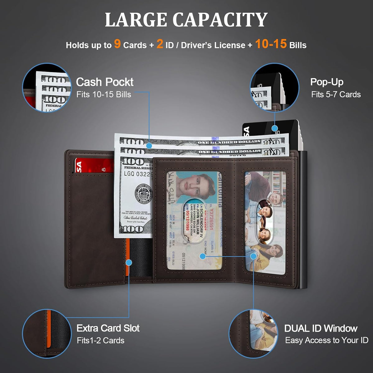 Cartera minimalista para hombres, cartera de cuero de grano completo con bloqueo RFID con 2 ventanas de identificación, billetera plegable triple para tarjetas de crédito, cartera de 9 a 11