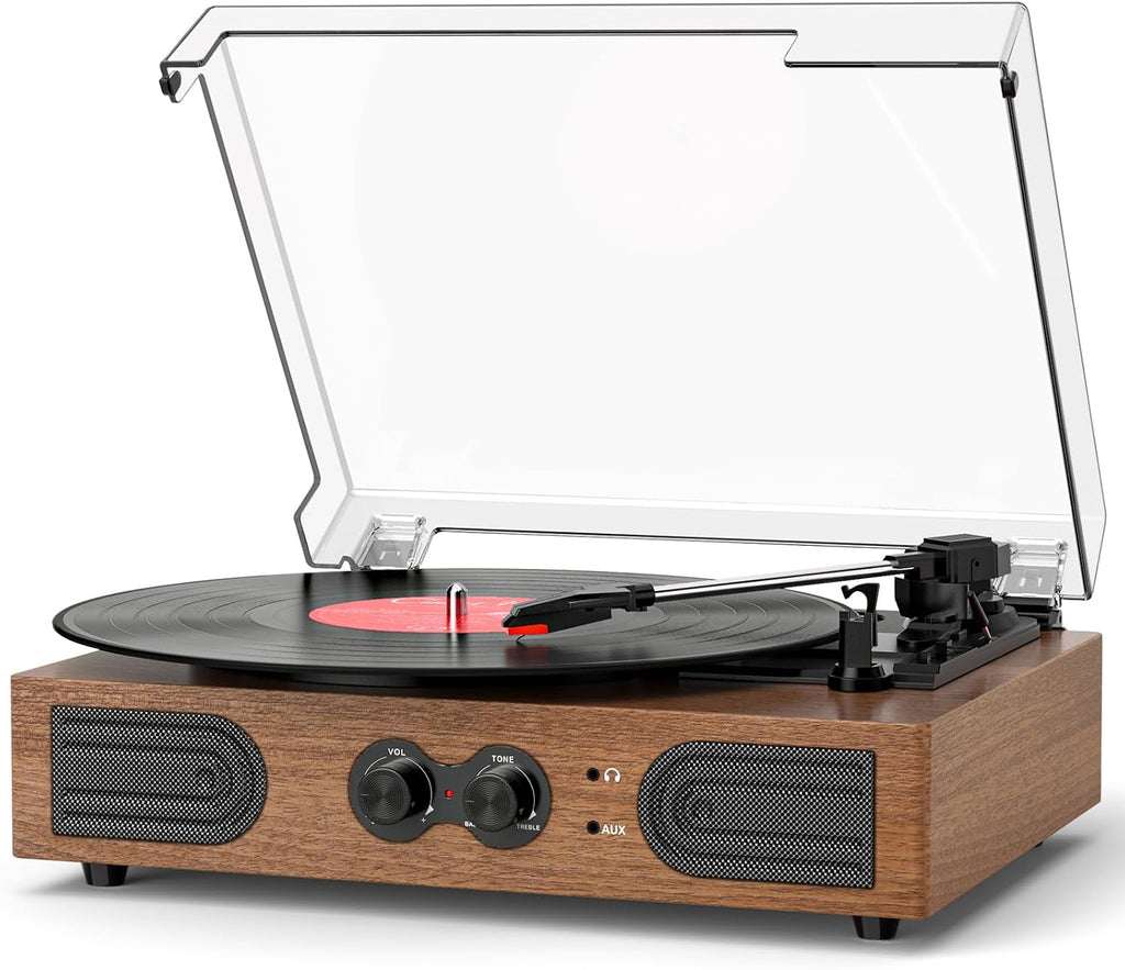Tocadiscos de vinilo de 3 velocidades con altavoces, control de bajos