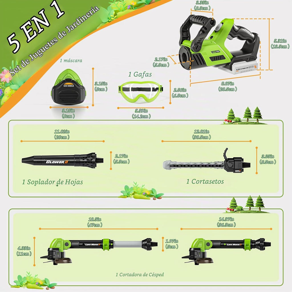 Juego de herramientas de juguete para niños, herramientas de césped de jardín 3 en 1 con sonidos y luces, volumen, juguete de malas hierbas, soplador de hojas y cortasetos, herramientas de juguete para jugar al aire libre, regalos de cumpleaños de Navidad