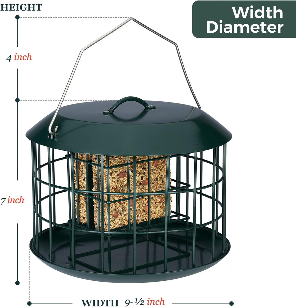 Kingsyard Comedero de sebo a prueba de ardillas, comedero para pájaros en jaula para colgar al aire libre, todo de metal, capacidad de doble sebo para pastel, bandeja y resistente a la intemperie, verde