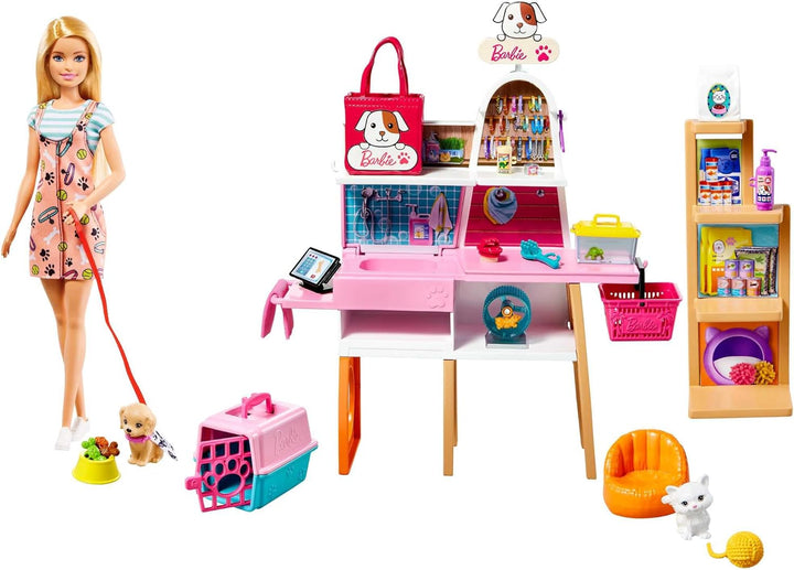 Barbie - Muñeca y set de juego de tienda de mascotas con 4