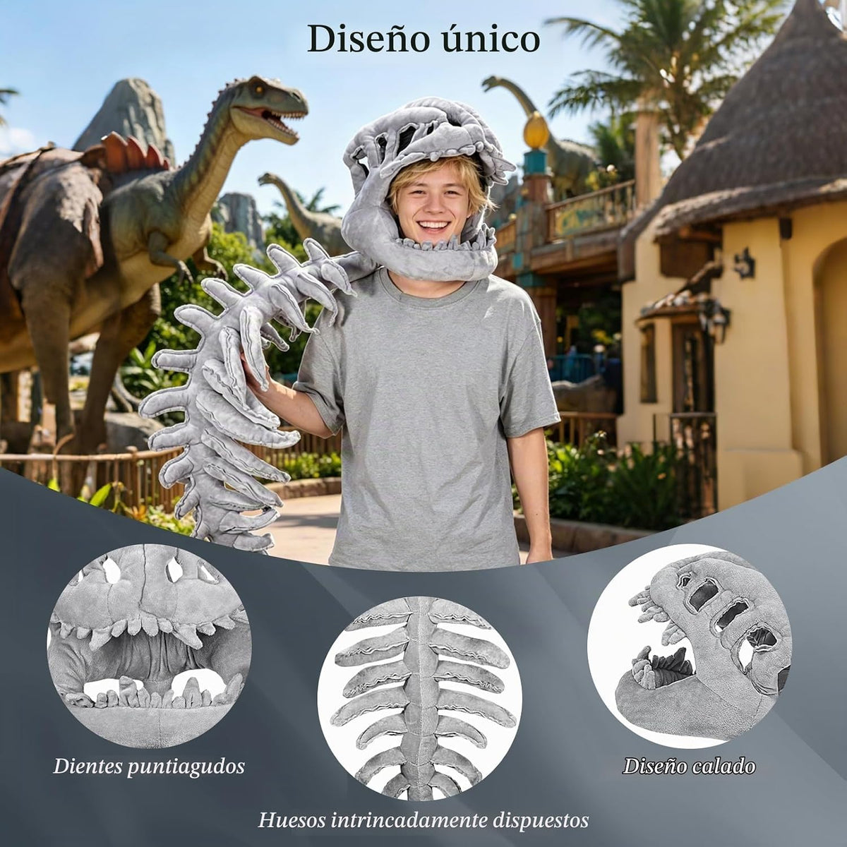 Disfraz de esqueleto de dinosaurio, juguetes de peluche de espinosaurio 3D con calavera y columna vertebral, cosplay de Halloween y disfraz de fiesta