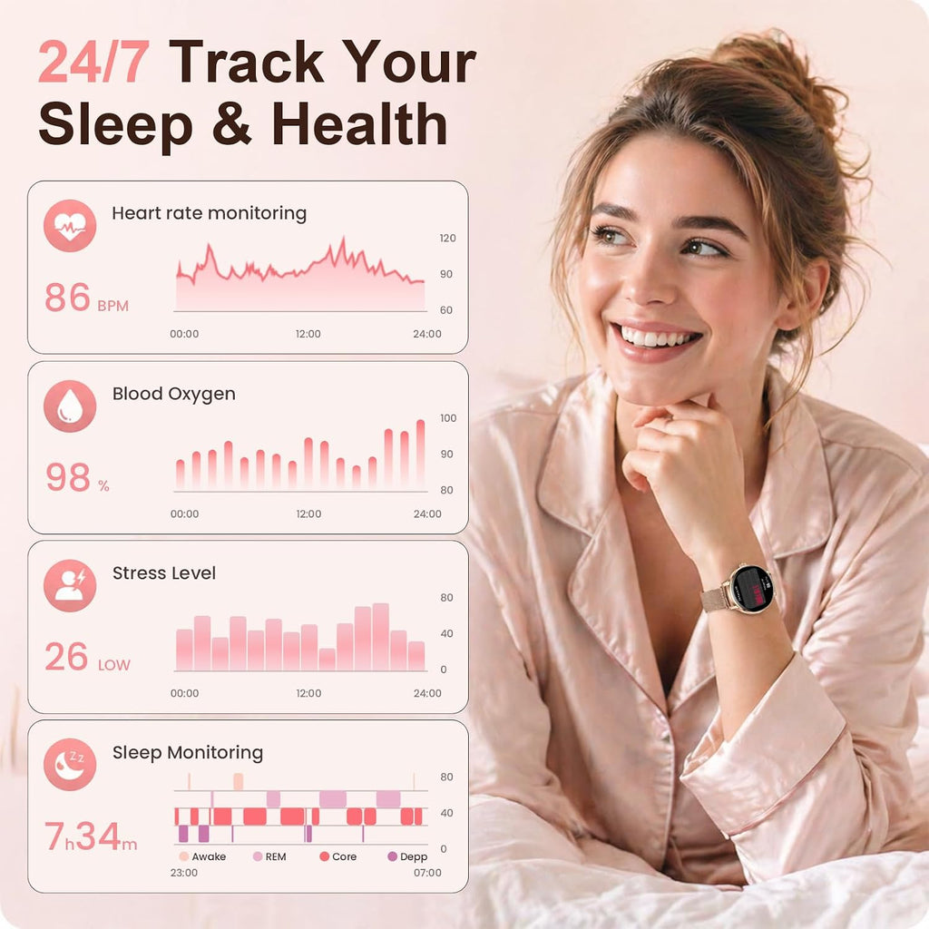 Relojes inteligentes para mujer, monitor HD AMOLED de 1.32 pulgadas para hacer y responder llamadas, monitor de frecuencia cardíaca 24/7/sueño/SpO2 para Android y iPhone, más de 130 modos