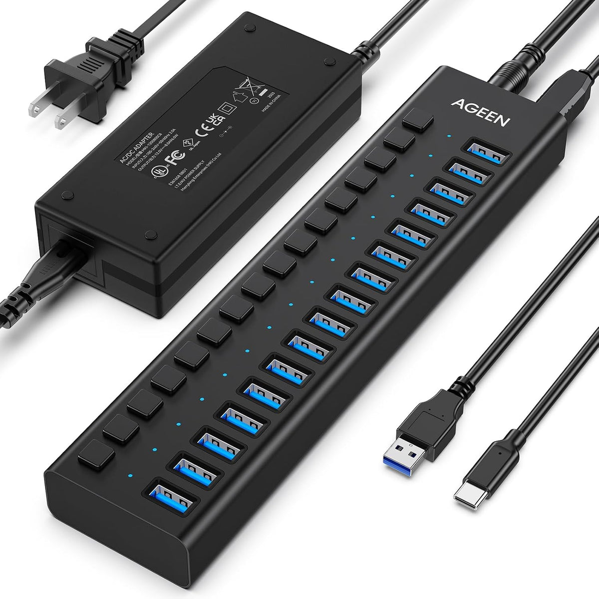 AGEEN, MKI-1200800C8, hub USB 3.2 de 16 puertos, alimentado, adaptador 12V/8A