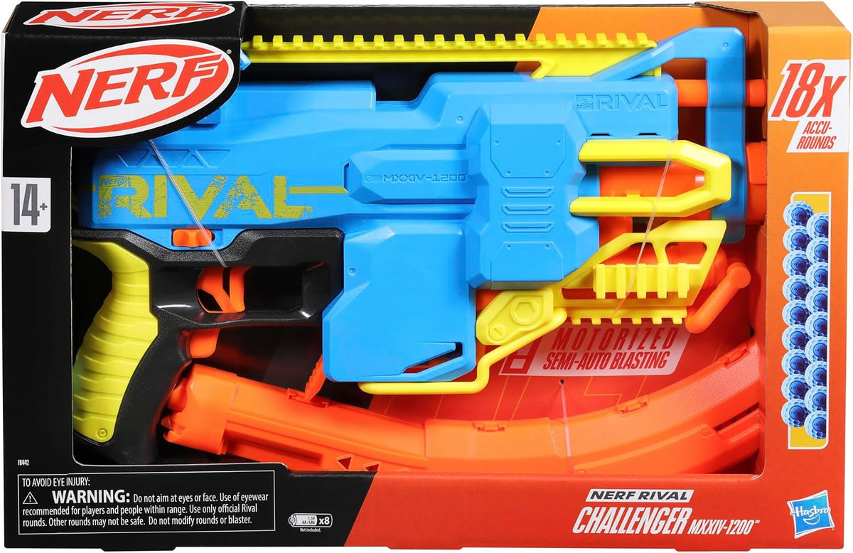 Nerf Rival Challenger MXXIV-1200 - Pistola motorizada, cargador curvo de 12 redondas, 18 Nerf Rival Accu-Rounds, regalos para adolescentes