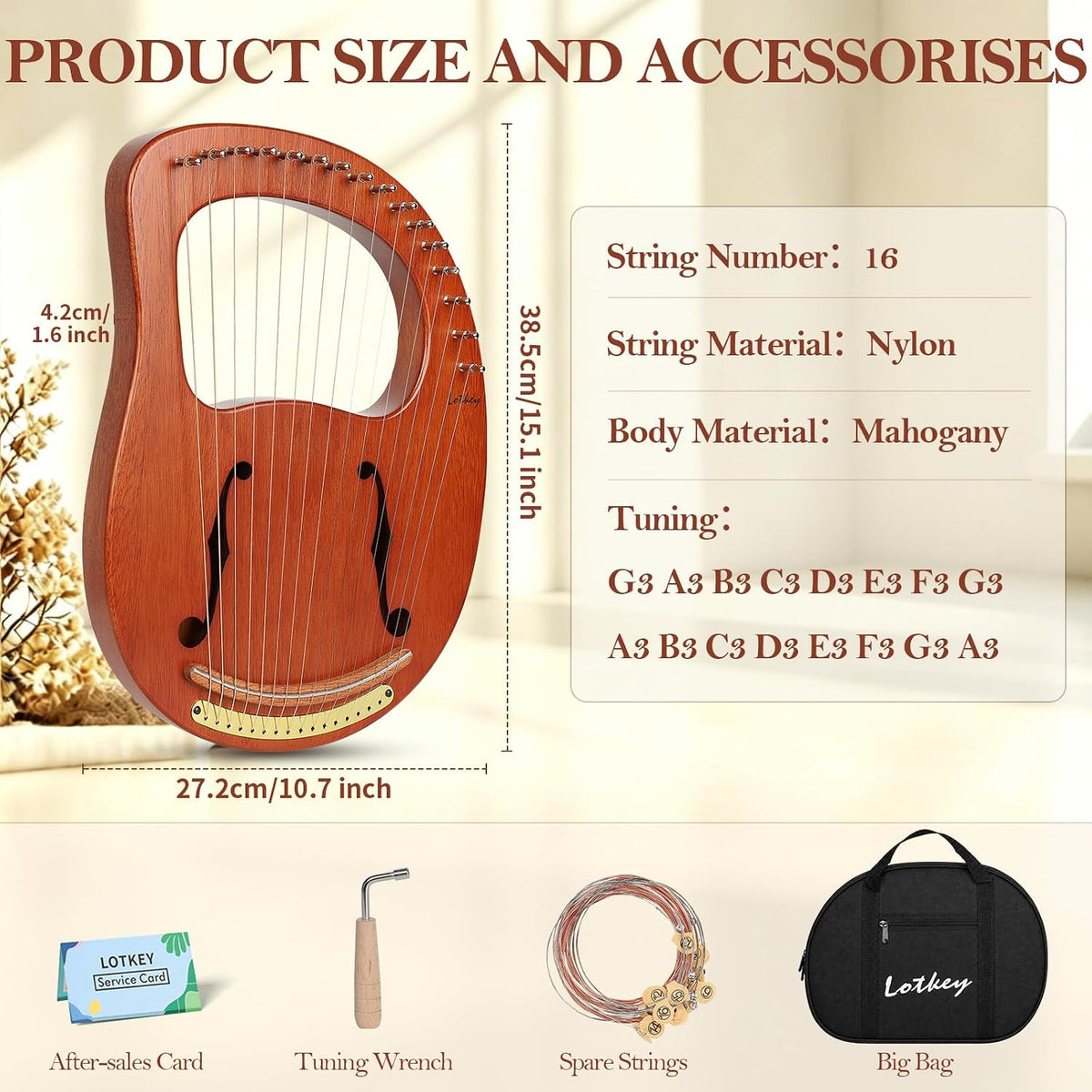Lotkey Lyre Harp, 16 Cuerdas de Metal, Silla de Hierro, Lejía de Arpa en Nogal con Llave de Afinación, Extracción de Cuerdas, Manual y Bolsa de Gig