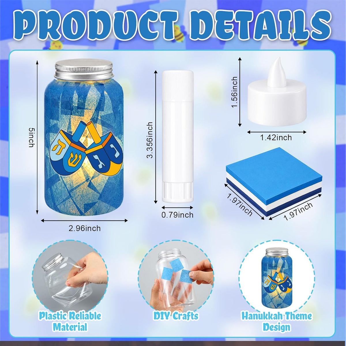Qinyoung 12 Set Hanukkah Craft Mason Jar Craft con LED Candle Chanukah Set