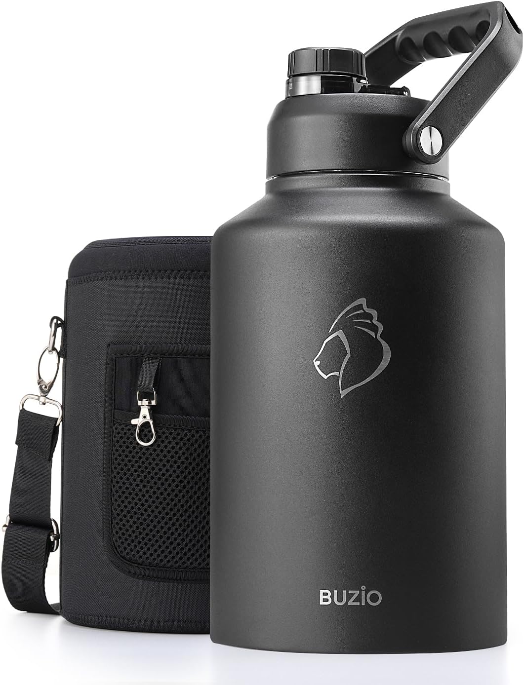 Botella de agua de 1 galón aislada Buzio, (mantiene el agua fría por 48 horas) 3.58 pulgadas de gran boca ancha a prueba de fugas, jarra de agua grande de 128 oz de acero inoxidable con asa de metal