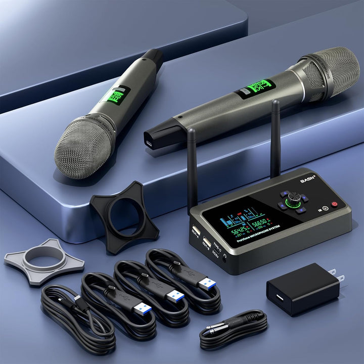 BASN Sistema de micrófono dual inalámbrico UHF recargable, micrófon...