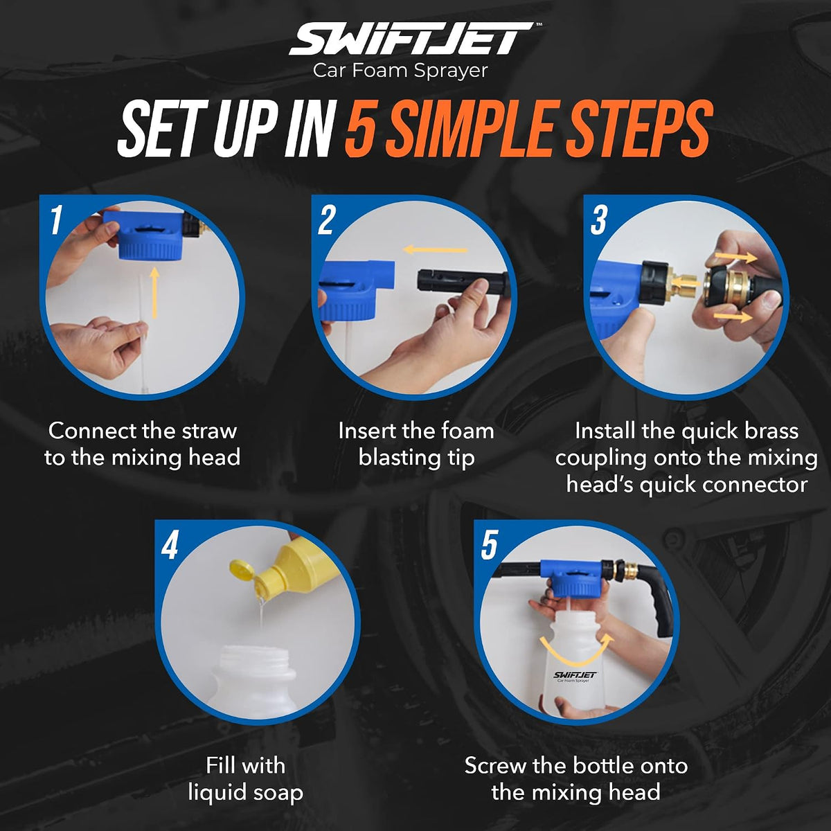 SwiftJet Espuma para Lavado de Autos con Pistola y Guante de Lavado - Funciona con Cualquier Jabón y Manguera de Jardín