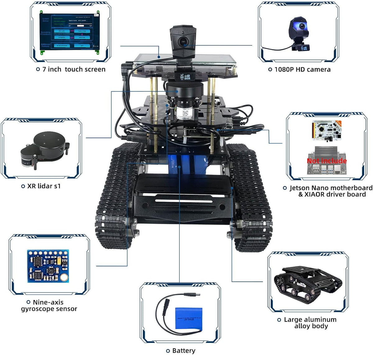 Kit de robot AI para Jetson Nano ROS programación tanque coche con navegación SLAM Lidar mapeo, transmisión de video, seguimiento inteligente, electrónica educativa robótica adultos (sin