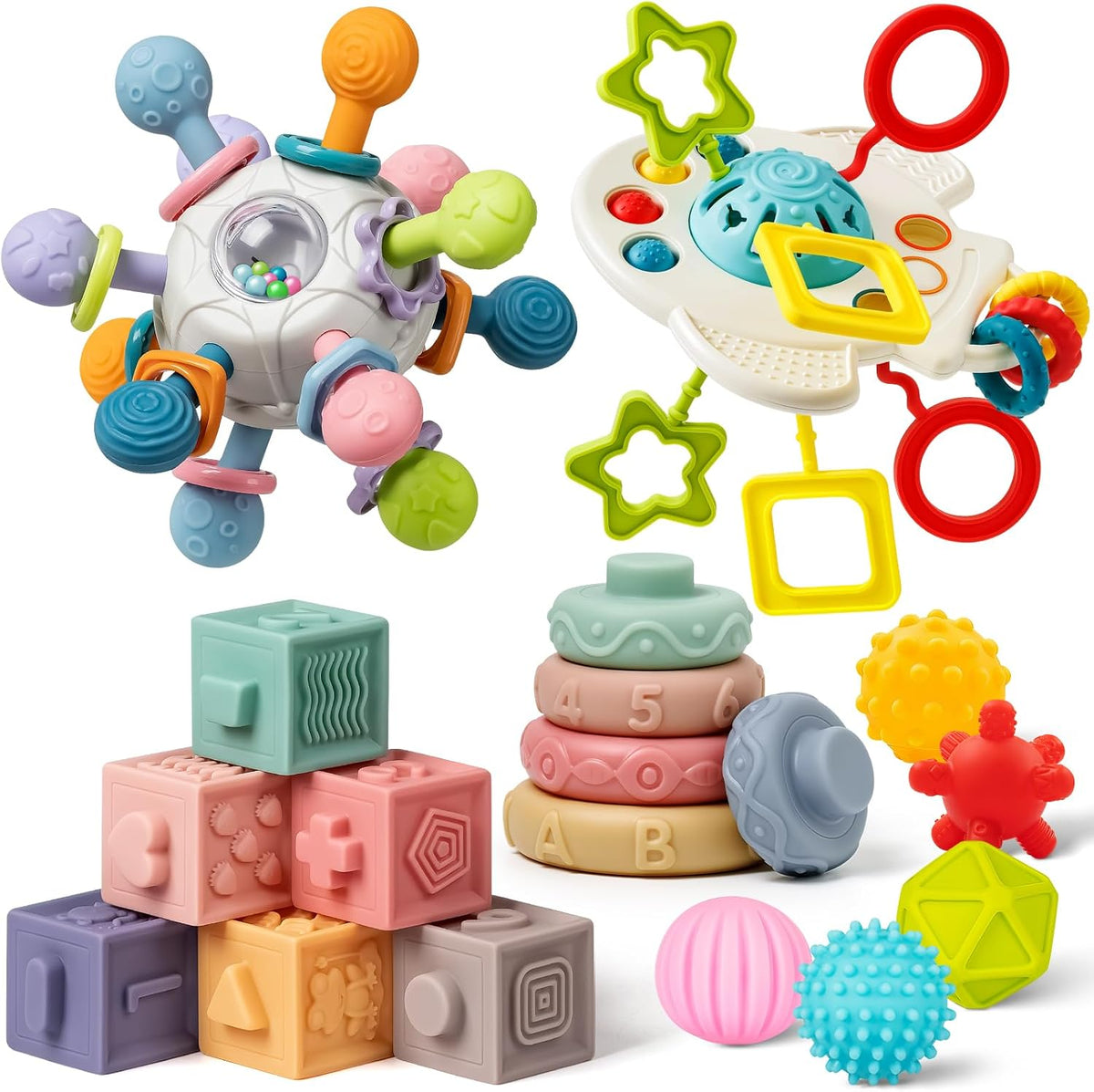 Juguetes para Bebés de 6 a 12 Meses, Juguetes Montessori 5 en 1 para Niños de 1 Año, Incluye Juguete de Cuerda de Viaje y Sonajero Mordedor y Bloque Apilable para Bebé y Anillo Suave Infantil y Pelota