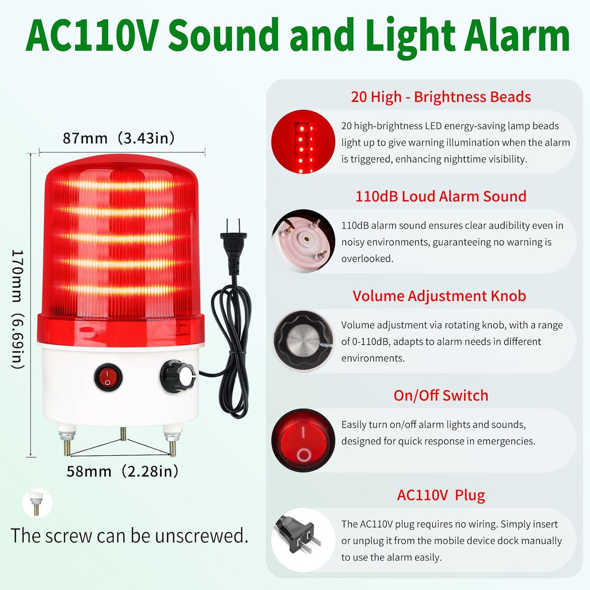 Luz de advertencia giratoria LED industrial, AC110V-120V, luz estroboscópica roja para alarmas de emergencia públicas, sirena de seguridad interior/exterior con ajuste de volumen/enchufe y zumbador