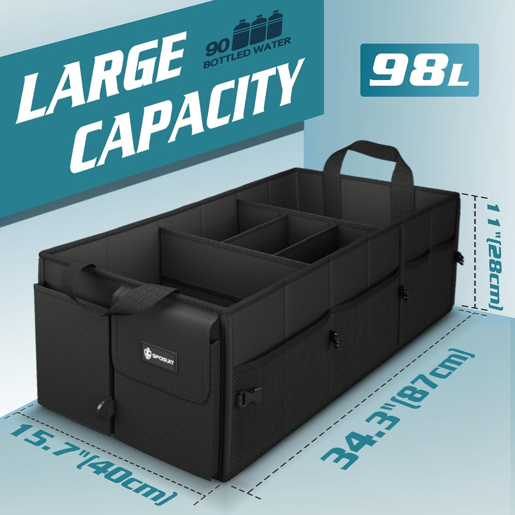 Organizador de maletero extragrande de 98 litros, plegable, con divisores extraíbles y correas de seguridad ajustables para automóvil, SUV, camioneta