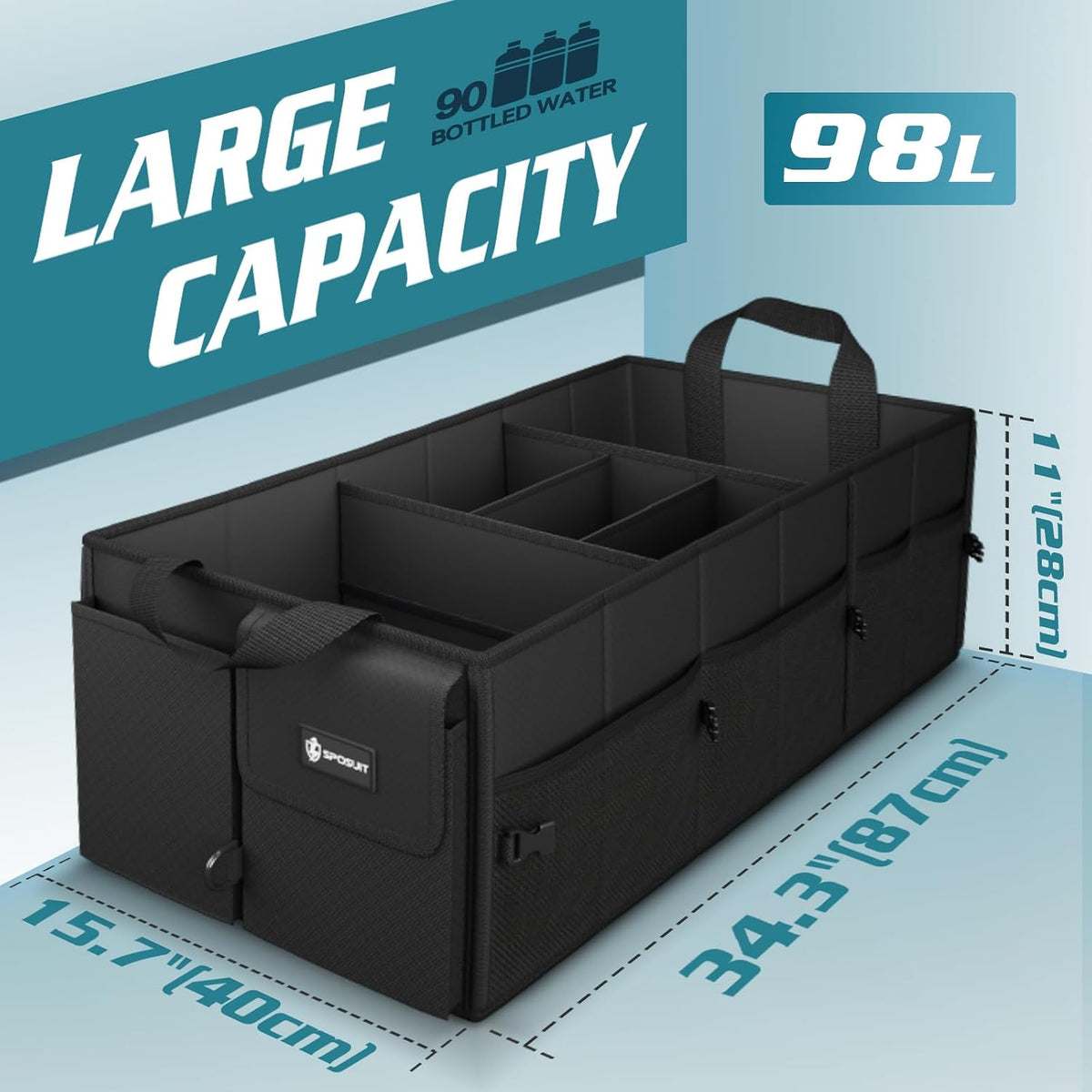 Organizador de maletero extragrande de 98 litros, plegable, con divisores extraíbles y correas de seguridad ajustables para automóvil, SUV, camioneta