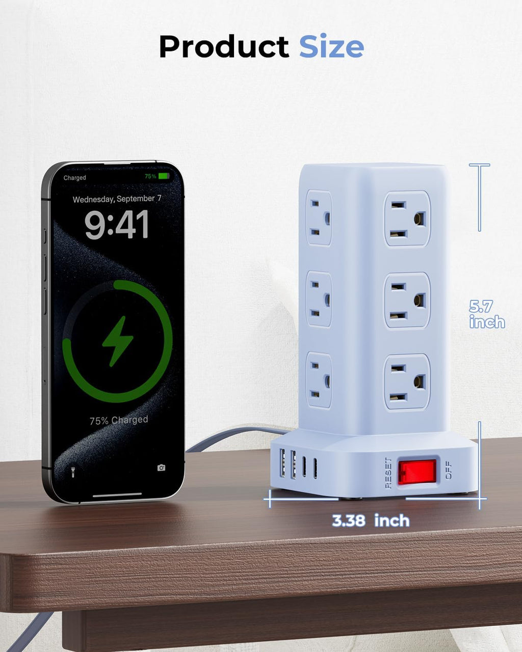 Regleta azul con 12 tomacorrientes, 4 USB (1 USB C), cable de extensión de 6.5 pies con múltiples tomas, estación de carga, torre de regleta de alimentación, suministros de escritorio de oficina en
