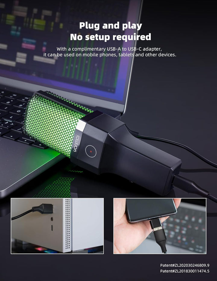 Yanmai Micrófono USB, condensador cardioide, iluminación RGB, trípo...