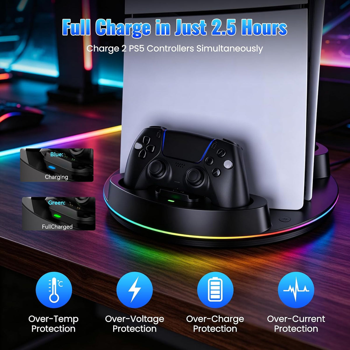 NEWDERY para PS5/Slim/Pro Console Stand, con Dual carga Station para PS5 Controllers, Adjustable RGB Light, para PS5 Controller Charger Stand - negro
