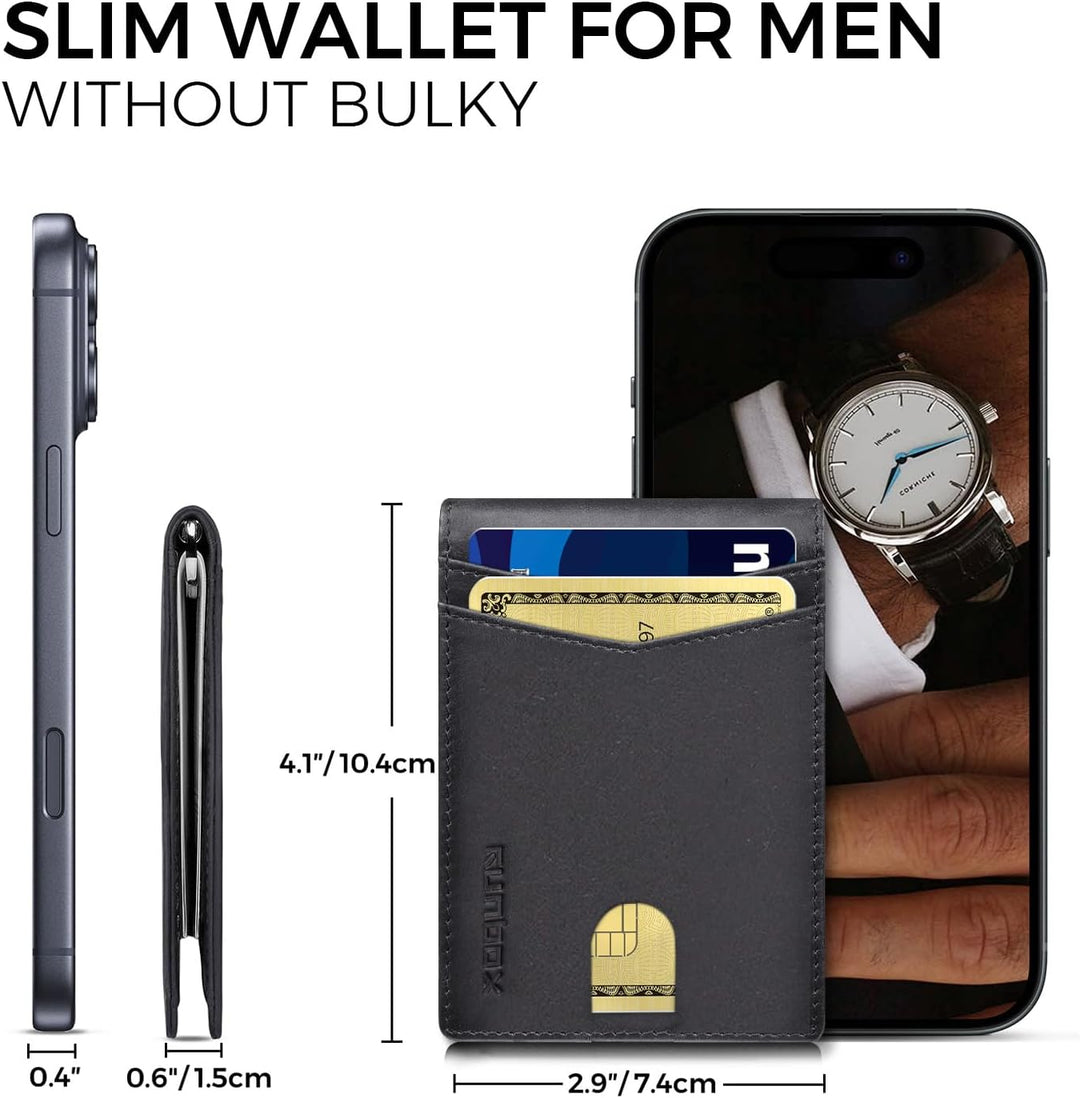 RUNBOX Billetera de cuero genuino para hombre, 12 tarjetas, clip pa...