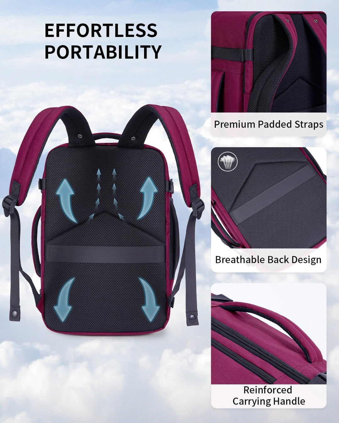 ECOHUB Mochila de Viaje Mochila de Equipaje de Mano, rojo (Red-3),...