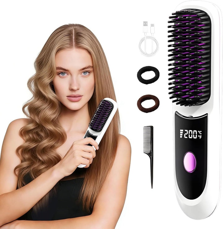 Cordless Negative Ion Ceramic Straight Hair Brush | 3 heat settings...