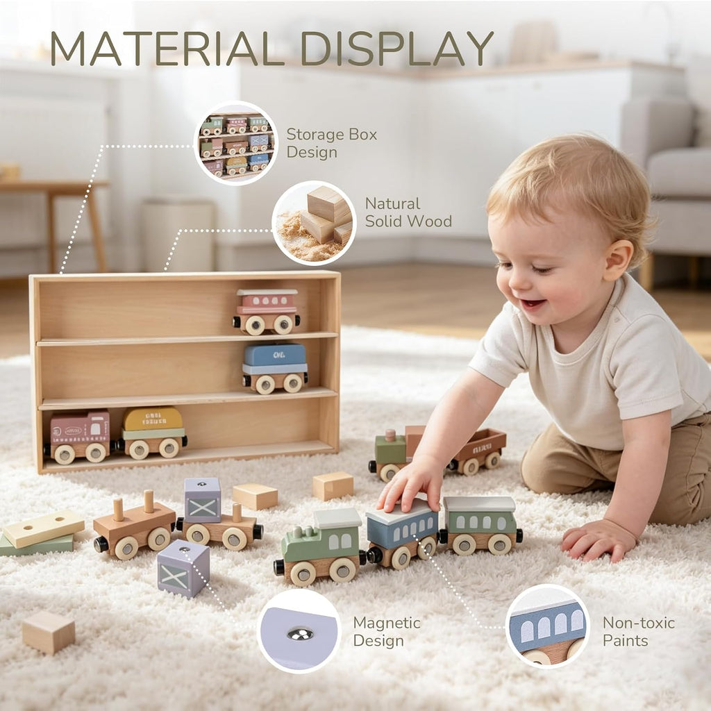 Juego de tren de madera para niños pequeños, 12 vagones magnéticos Montessori con caja de regalo de almacenamiento, compatible con las principales marcas, juguete de bloques apilables de madera para